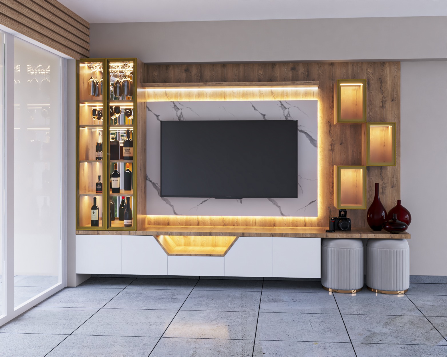 Centro de entretenimiento moderno de melamina con diseño funcional